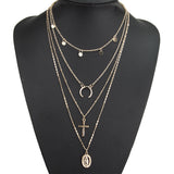European and American fashion personality cross small round eclipse moon round Buddha statue four-layer necklace jewelry