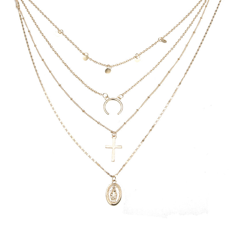 European and American fashion personality cross small round eclipse moon round Buddha statue four-layer necklace jewelry