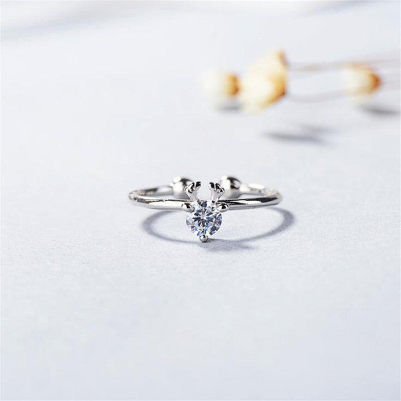 Stylish temperament with diamonds and small antlers exquisite opening ring