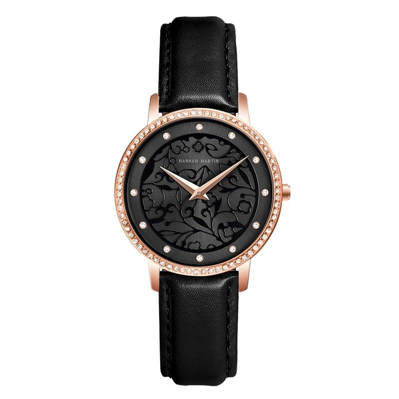 Carved Pattern Dial Leather Strap Women's Watch