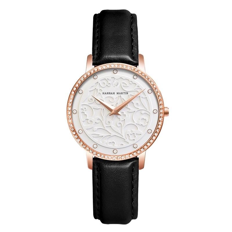 Carved Pattern Dial Leather Strap Women's Watch