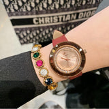 Rhinestone-studded Leather Strap Women's Watch