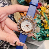 Flower Design Zircon Leather Strap Women's Watch