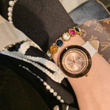 Rhinestone-studded Leather Strap Women's Watch
