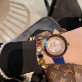 Rhinestone-studded Leather Strap Women's Watch