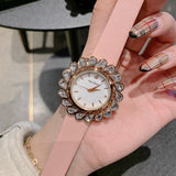 Flower Design Zircon Leather Strap Women's Watch
