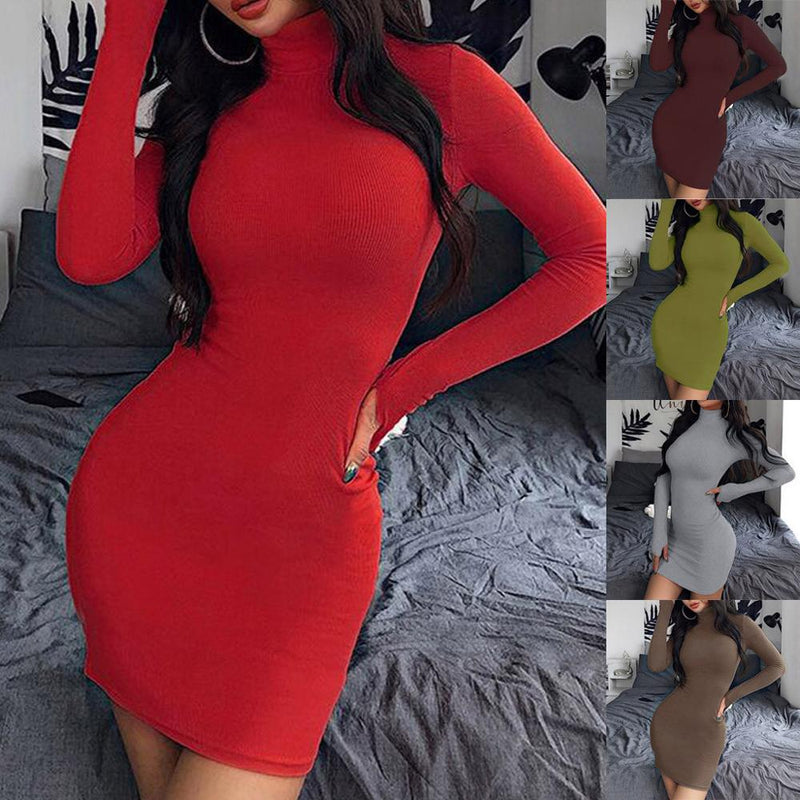 2019 Sexy Solid Dress Women Night Club Bodycon Turtleneck Super Warm Elegant Ladies Dress Tight buttocks Mini Dress Size S-XL