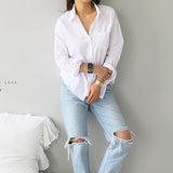 2019 Spring One Pocket Women White Shirt Female Blouse Tops Long Sleeve Casual Turn-down Collar OL Style Women Loose Blouses