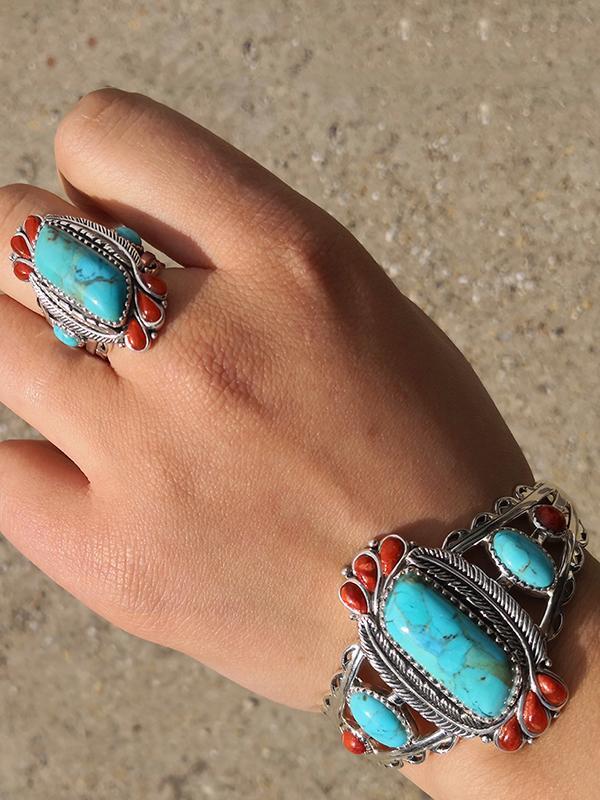 Blue Turquoise&Red Coral Ring