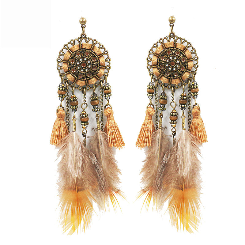 European and American retro tassel feather earrings