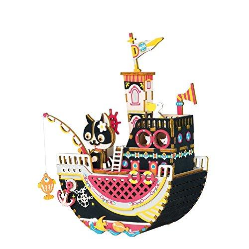 F&S 3D Wooden Puzzle DIY Music Box Kit to Build Colorful Rotating Wood Craft Kits Best Birthday for Women and Girls(Fishing Kitty)