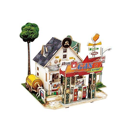 F&S Miniature Gas Station, Creative Wooden Model Building DIY Dollhouse Kit or Toys for Adults or Kids