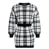 Glamaker Plaid knitted two-piece suit sexy autumn Dress women elegant winter sweater dress Sexy female fashion party short dress