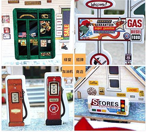 F&S Miniature Gas Station, Creative Wooden Model Building DIY Dollhouse Kit or Toys for Adults or Kids