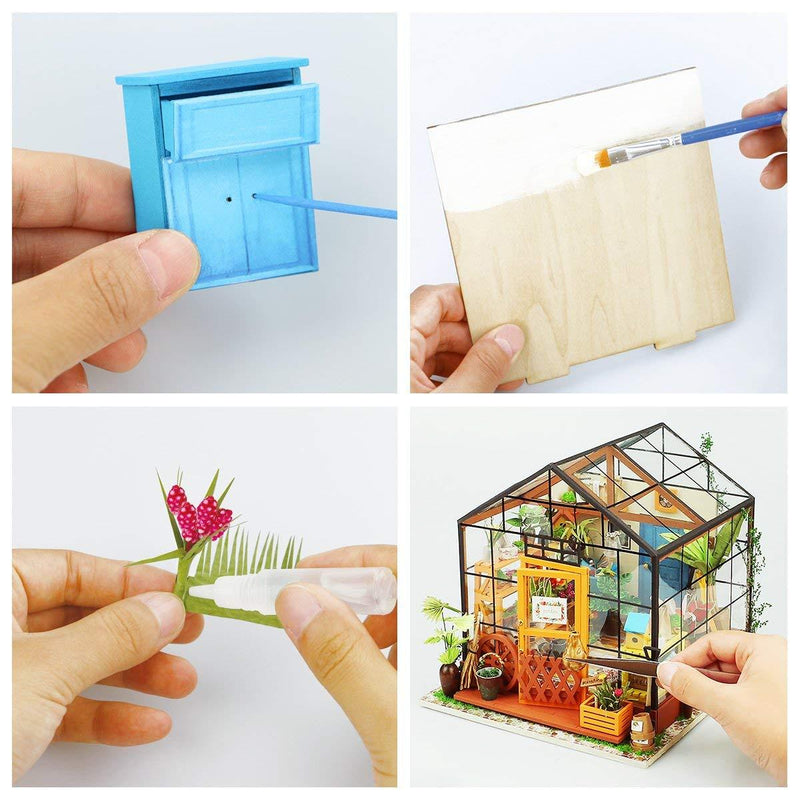 ROBOTIME DIY Dollhouse Wooden Miniature Furniture Kit Mini Green House with LED Best Birthday Gifts for Women and Girls