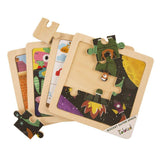 F&S Wooden Jigsaw Puzzle Set with Storage Tray - 4 Sets Baby Puzzle - Learning Preschool Toys for Toddlers Age 1 2 3 (Roket, Animal's Journey, Dinosaur Baby, Powerful Excavator)