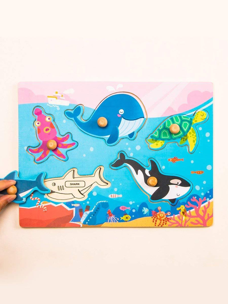 F&S Wooden Marine Animal Peg Puzzle Board Baby Shape & Color Recognition Toys for 1 2 3 Years(5pc)