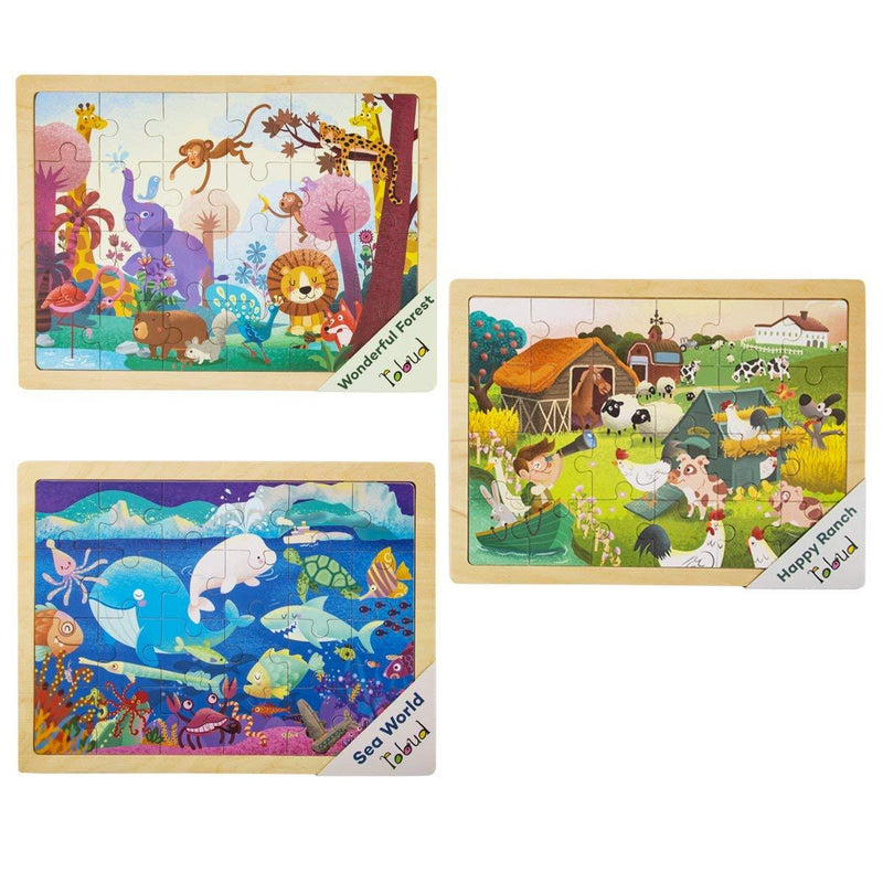 F&S Wooden Jigsaw Puzzle Set with Storage Tray - 3 Sets Baby Puzzle Games - Pre-Kindergarten Toys for Kids Age 1 2 3 (Forest, Ranch, Sea World)