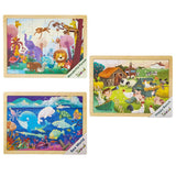 F&S Wooden Jigsaw Puzzle Set with Storage Tray - 3 Sets Baby Puzzle Games - Pre-Kindergarten Toys for Kids Age 1 2 3 (Forest, Ranch, Sea World)