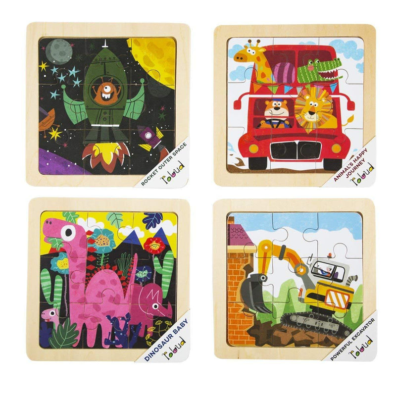 F&S Wooden Jigsaw Puzzle Set with Storage Tray - 4 Sets Baby Puzzle - Learning Preschool Toys for Toddlers Age 1 2 3 (Roket, Animal's Journey, Dinosaur Baby, Powerful Excavator)