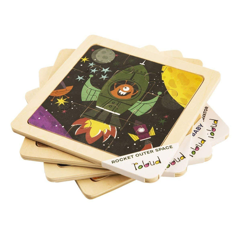 F&S Wooden Jigsaw Puzzle Set with Storage Tray - 4 Sets Baby Puzzle - Learning Preschool Toys for Toddlers Age 1 2 3 (Roket, Animal's Journey, Dinosaur Baby, Powerful Excavator)