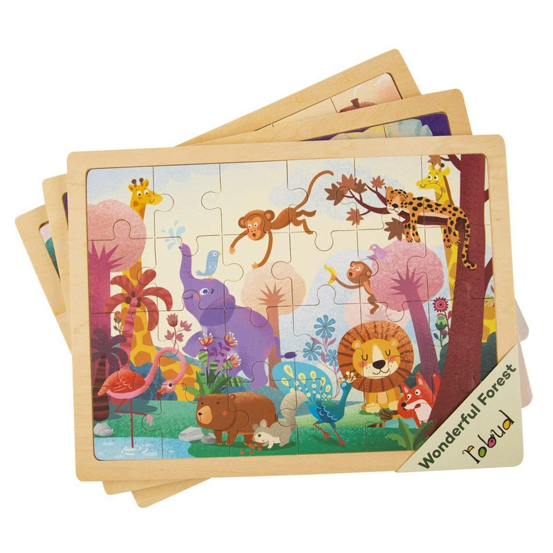 F&S Wooden Jigsaw Puzzle Set with Storage Tray - 3 Sets Baby Puzzle Games - Pre-Kindergarten Toys for Kids Age 1 2 3 (Forest, Ranch, Sea World)