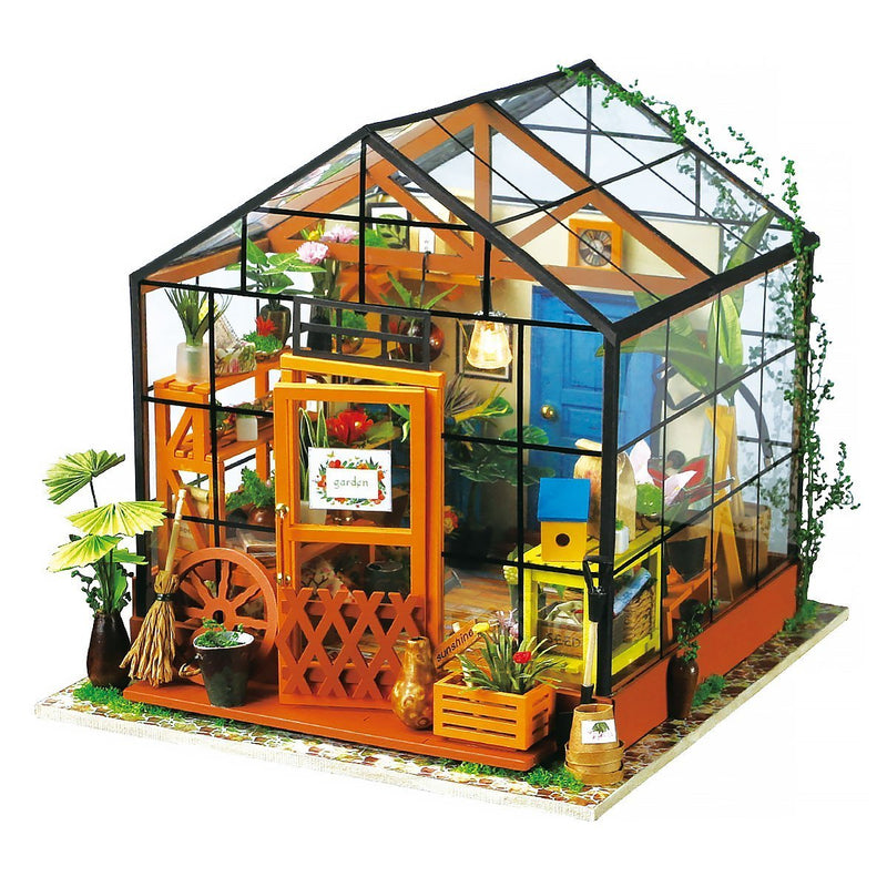 ROBOTIME DIY Dollhouse Wooden Miniature Furniture Kit Mini Green House with LED Best Birthday Gifts for Women and Girls