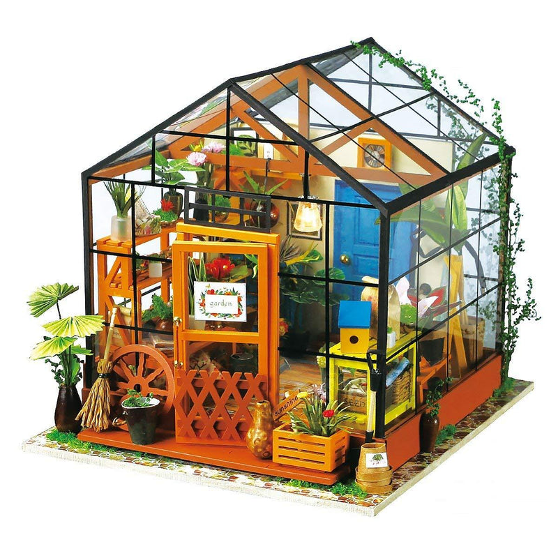 F&S DIY Dollhouse Wooden Miniature Furniture Kit Mini Green House with LED Best Birthday Gifts for Women and Girls