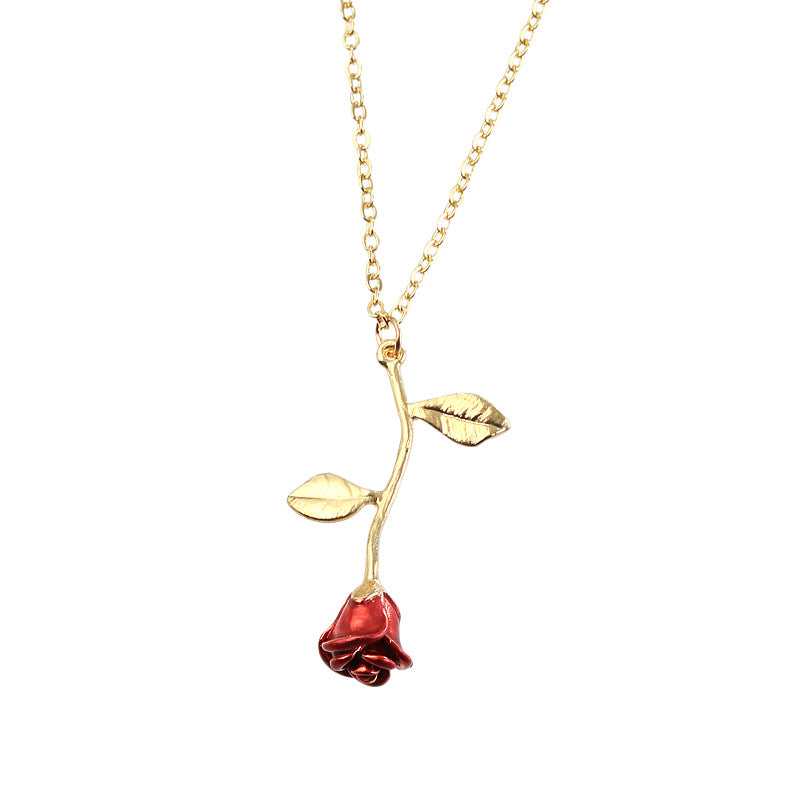 European and American new creative drop delicate red rose pendant necklace