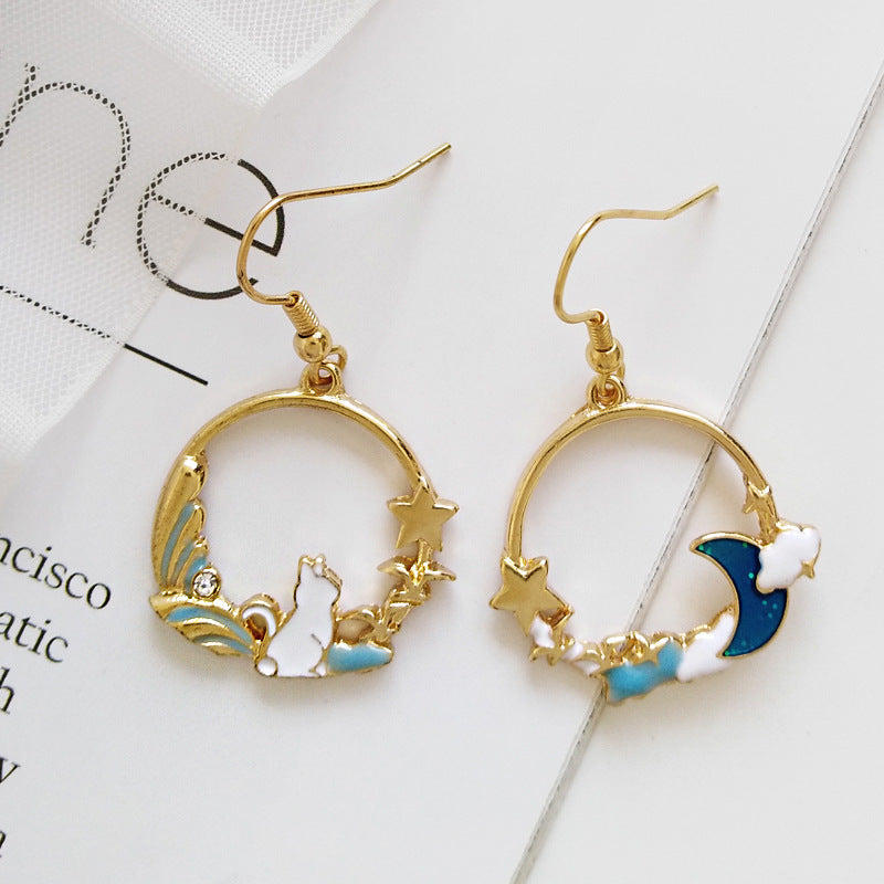 Fashion cute kitten dreamy moon asymmetrical round earrings