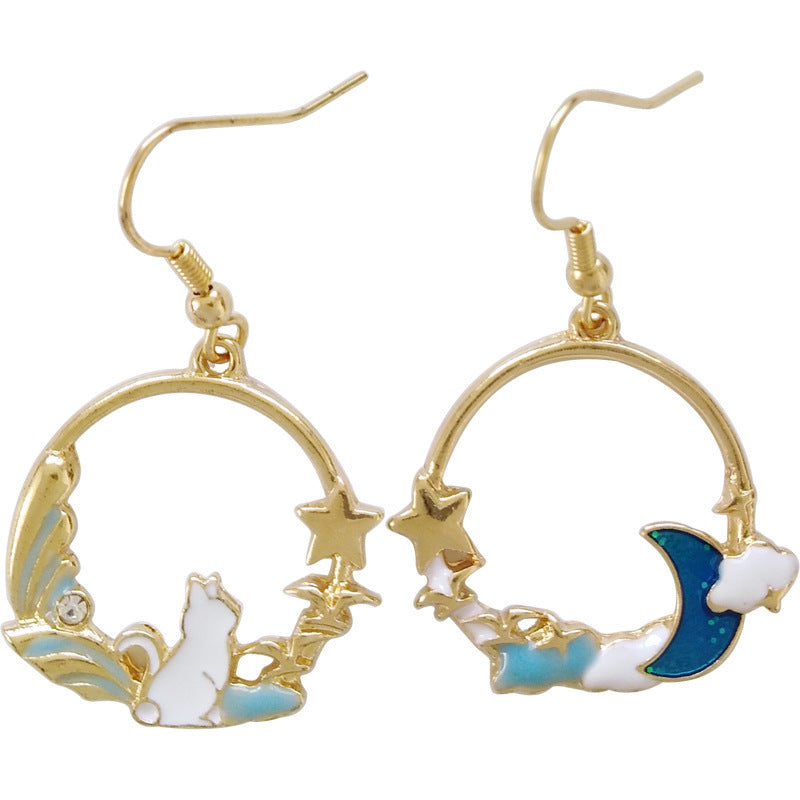 Fashion cute kitten dreamy moon asymmetrical round earrings