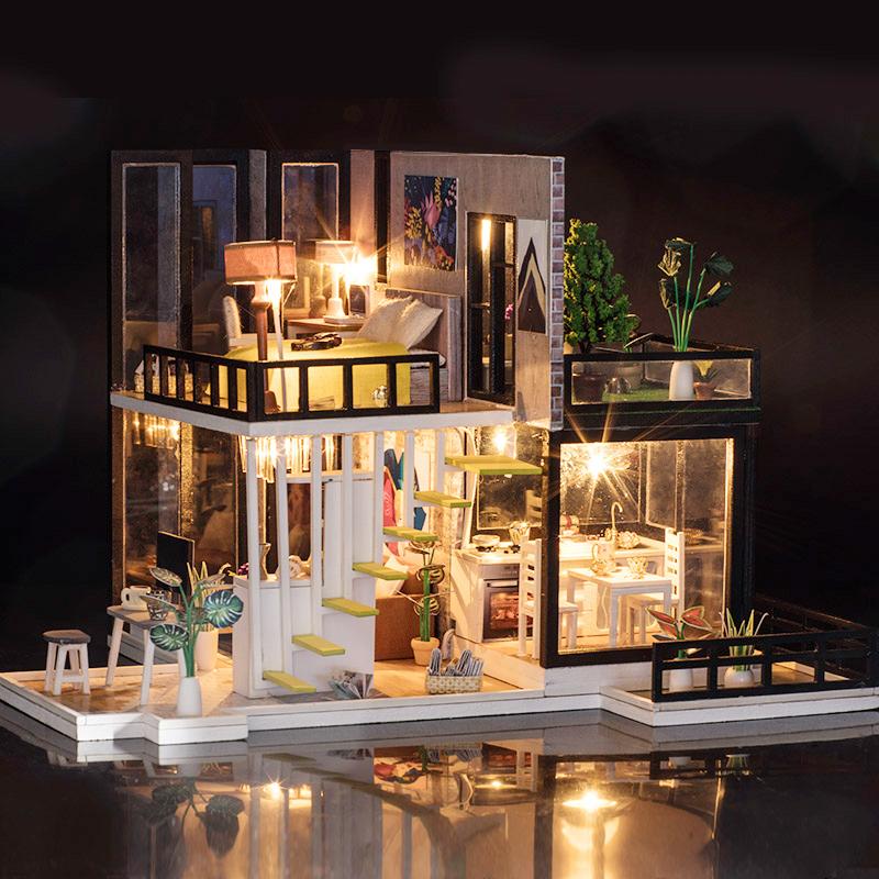 Assemble DIY Doll House With Furniture Dust Cover LED