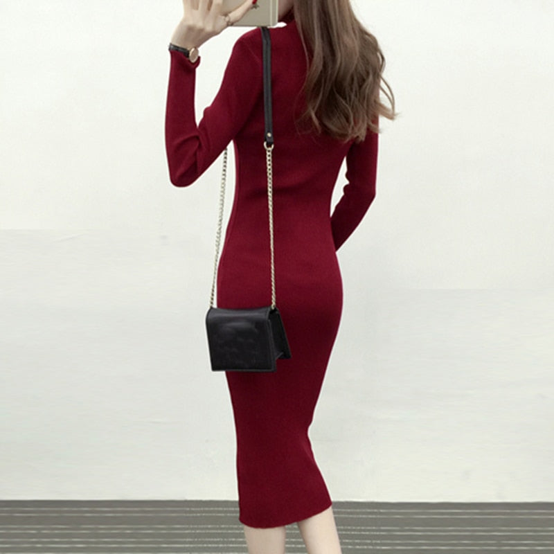 Autumn Winter Women Knitted Dress Turtleneck Sweater Dresses Lady Slim Bodycon Long Sleeve Bottoming Dress Vestidos PP021