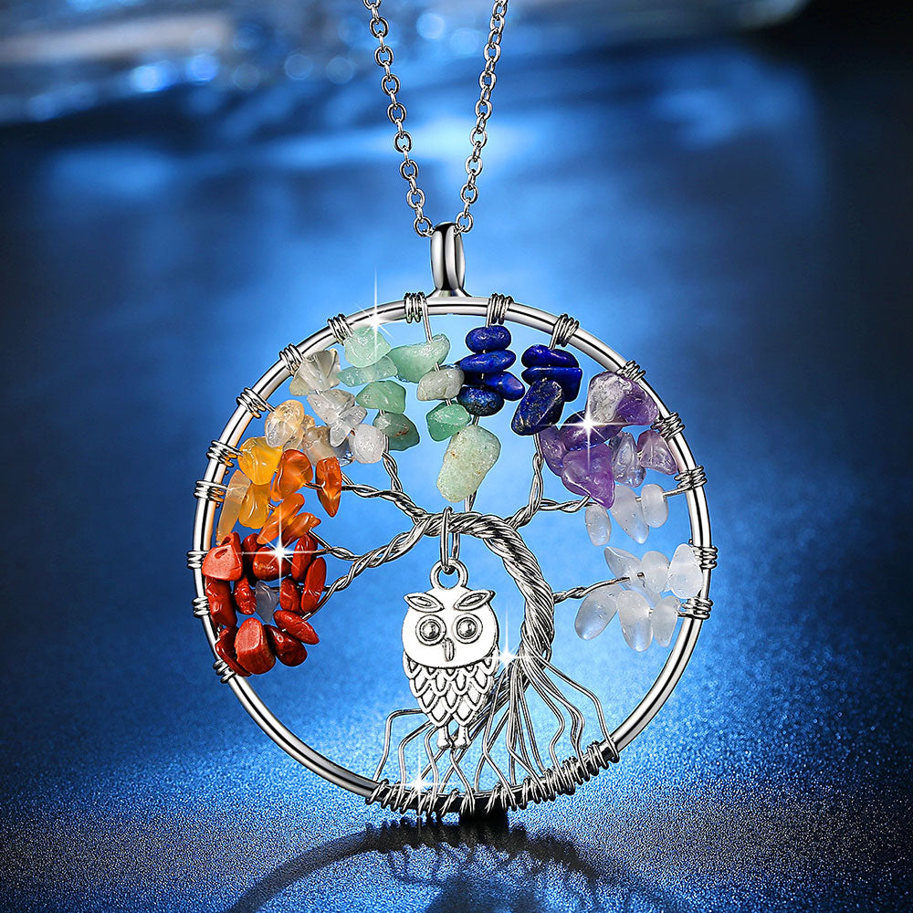 100% Handmake Multi-color Natural Stones and Minerals Life Tree and Cute Owl Necklace Women's Fashion Wedding Jewelry