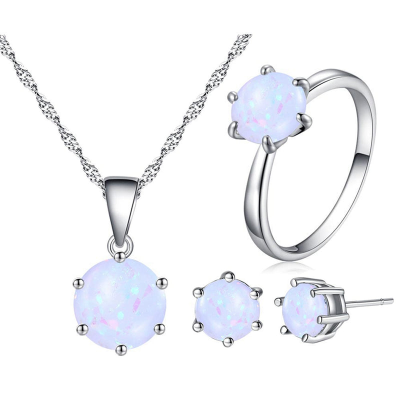 2019 Fashion Silver Color Necklace Earrings Ring Opal Jewelry Sets For Women Round Shape Pendant Chain Wedding Jewelry