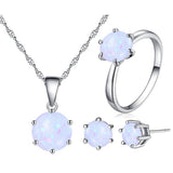2019 Fashion Silver Color Necklace Earrings Ring Opal Jewelry Sets For Women Round Shape Pendant Chain Wedding Jewelry