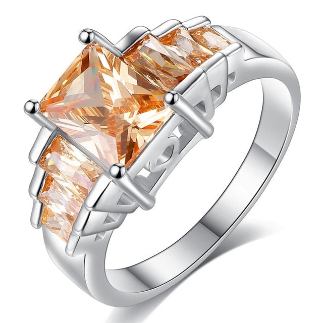 2019 New Fashion Champagne Princess cut AAA Cubic Zirconia Wedding Brand Rings for Women Silver Color Jewelry Best Gifts