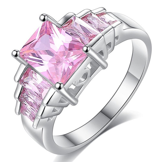 2019 New Fashion Pink Princess cut AAA Cubic Zirconia Wedding Brand Rings for Women Silver Color Jewelry Best Gifts