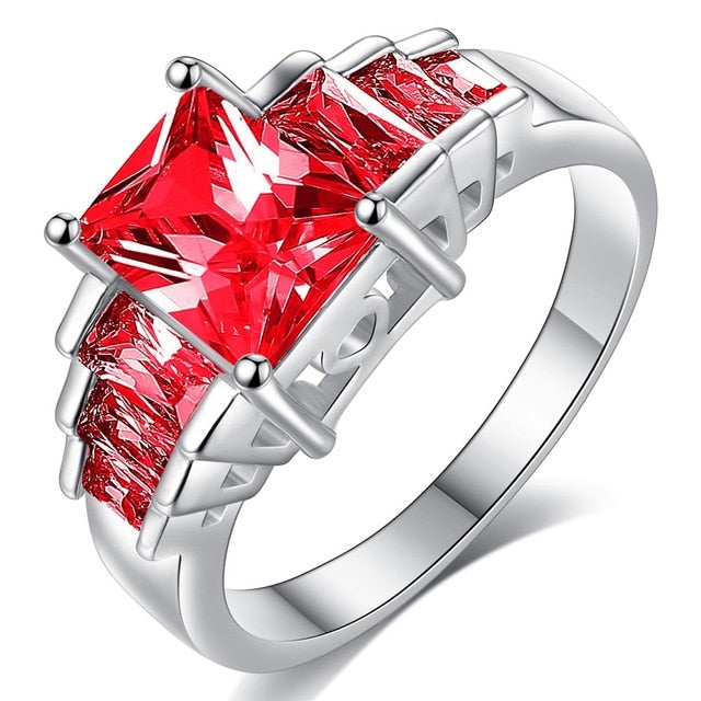 2019 New Fashion Red Princess cut AAA Cubic Zirconia Wedding Brand Rings for Women Silver Color Jewelry Best Gifts