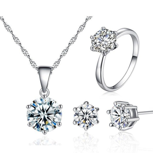 3 PCS Fashion Cubic Zirconia Stone Necklace + Earrings + Ring Wedding Jewelry Sets for Women in Rhodium Plated