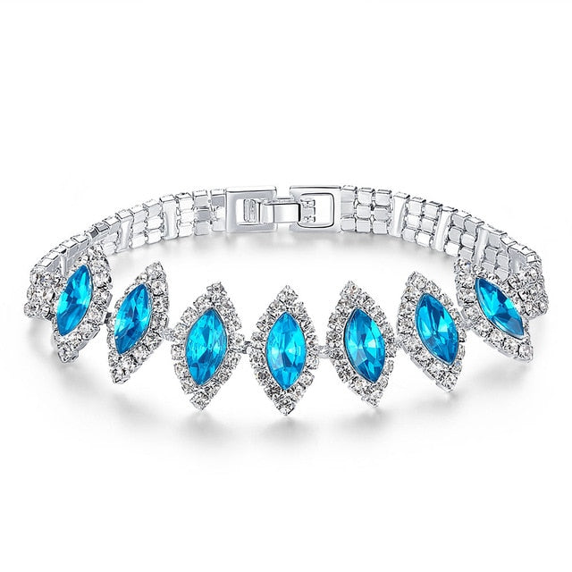 Acid Blue Crystal Charm Tennis Bracelet in Rhodium Plated Micro Pave AAA Cubic Zirconia Stone Jewelry