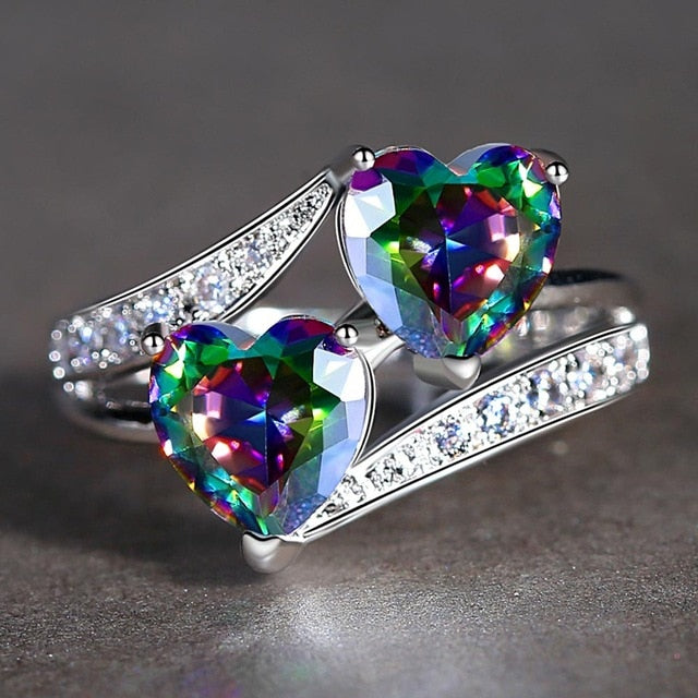 Double Heart Rainbow CZ Ring in Rhodium Plated Wedding Bands AAA Zircon Jewelry Women Accessories Engagement Ring