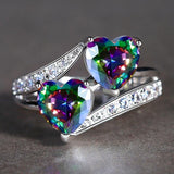 Double Heart Rainbow CZ Ring in Rhodium Plated Wedding Bands AAA Zircon Jewelry Women Accessories Engagement Ring