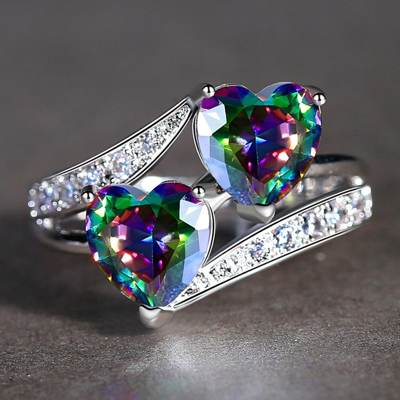 Double Heart Rainbow CZ Ring in Rhodium Plated Wedding Bands AAA Zircon Jewelry Women Accessories Engagement Ring