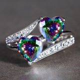 Double Heart Rainbow CZ Ring in Rhodium Plated Wedding Bands AAA Zircon Jewelry Women Accessories Engagement Ring