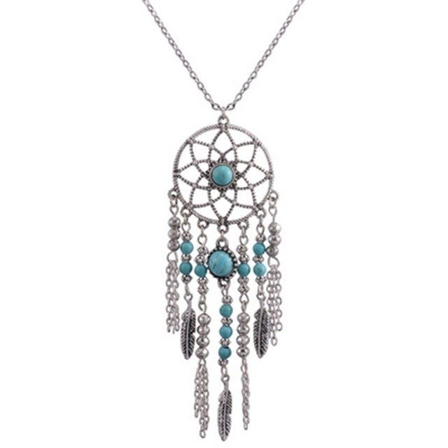 Dreamcatcher Necklace Long Chain Sweater Blue Beads Bohemia Tassels Wedding Necklace Jewelry