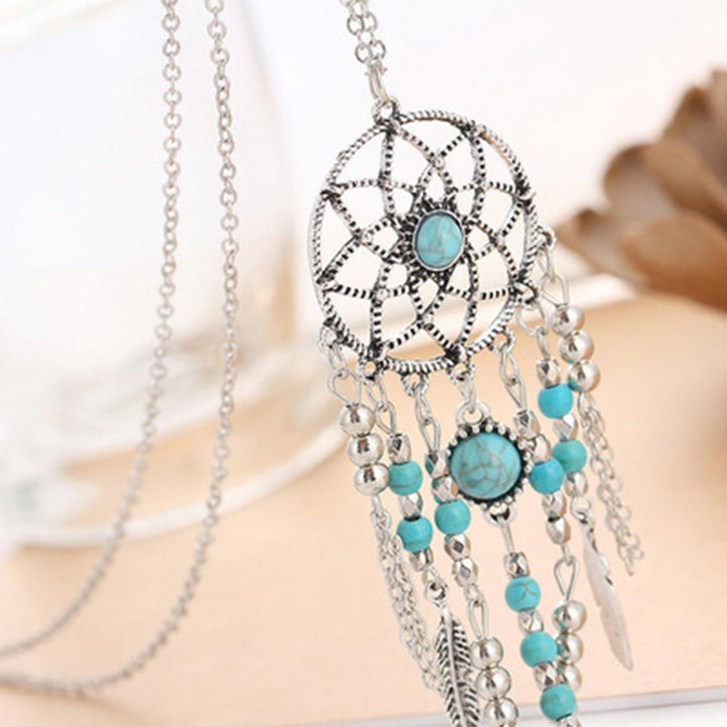 Dreamcatcher Necklace Long Chain Sweater Blue Beads Bohemia Tassels Wedding Necklace Jewelry