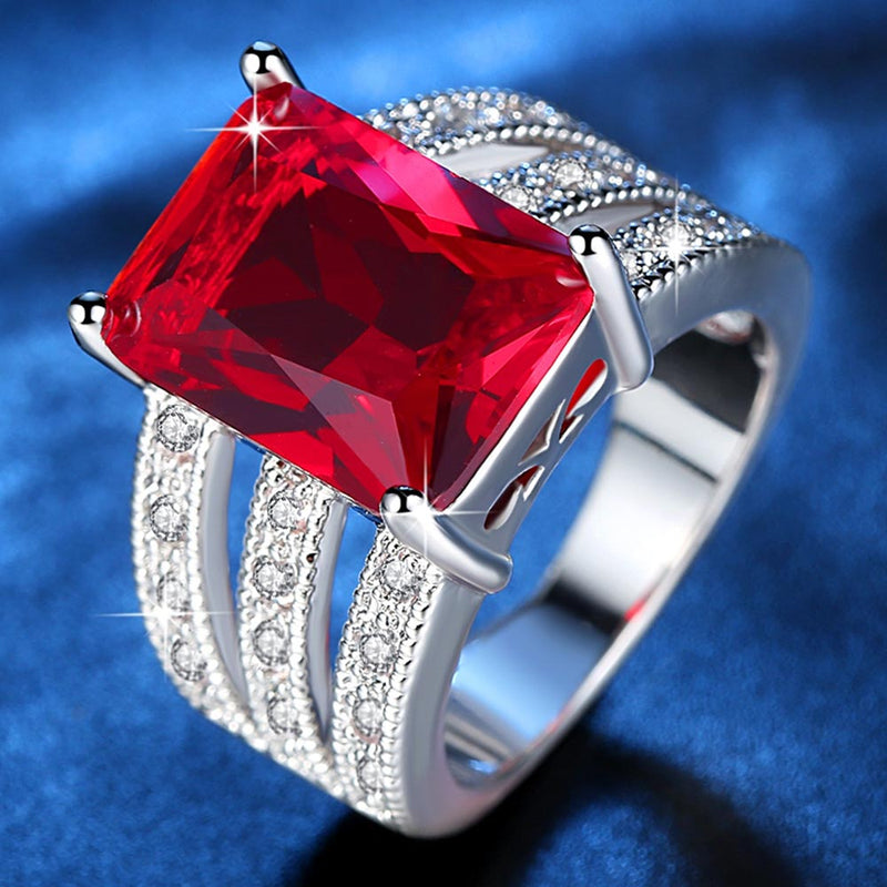 Exquisite Huge Red Stone Ring for Women Rhodium Plated Micro Pave Cubic Zirconia Ladies Party Jewelry