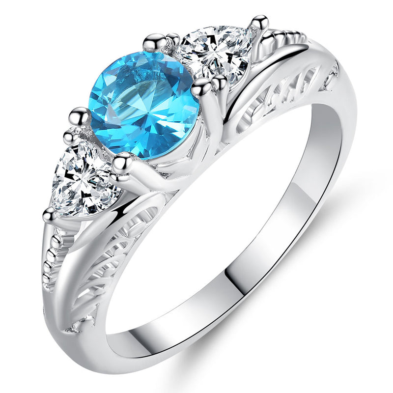 Fashion Acid Blue Round Zircon Rings for Women in Rhodium Plated Ladies Best Gifts Party Jewelry