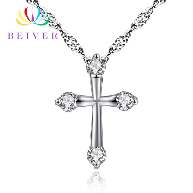 Fashion Clear Zircon Cross Pendant Necklace for Women in Rhodium Plated Ladies Party Gifts LN0042